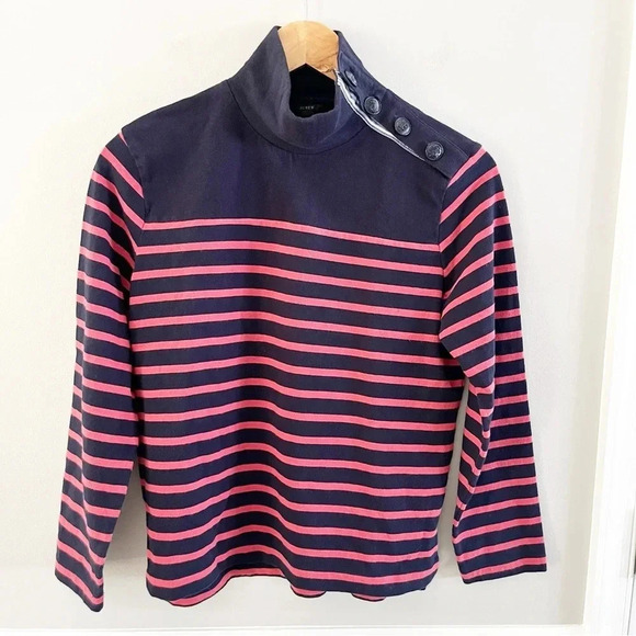 J. Crew Mock Neck Nautical Sweater Navy Blue & Pink Striped Sweater XS Preppy - Picture 1 of 7